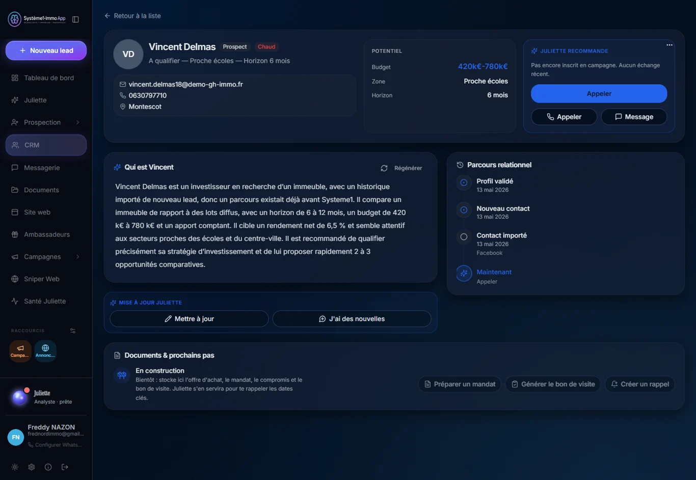 Fiche contact CRM avec le résumé de Juliette : qui est le contact, parcours relationnel, prochaine action