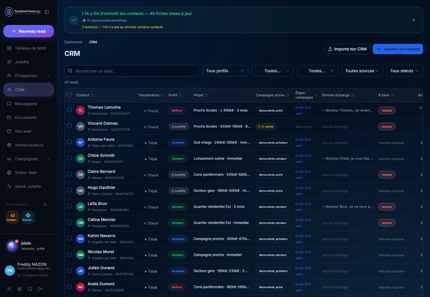 Liste CRM de 45 leads qualifiés et enrichis automatiquement par l'IA